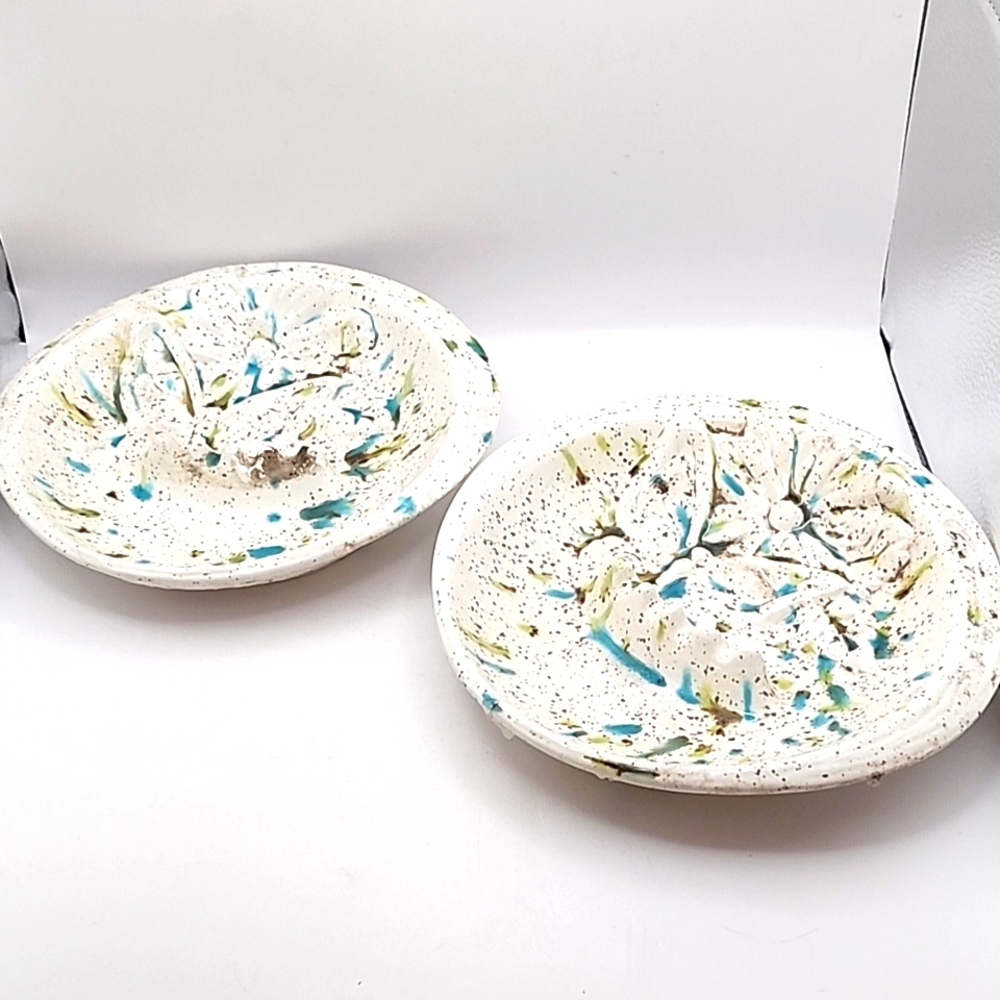 Vintage 1970s Handmade Ceramic Blue Confetti Floral Ashtrays 2 Count